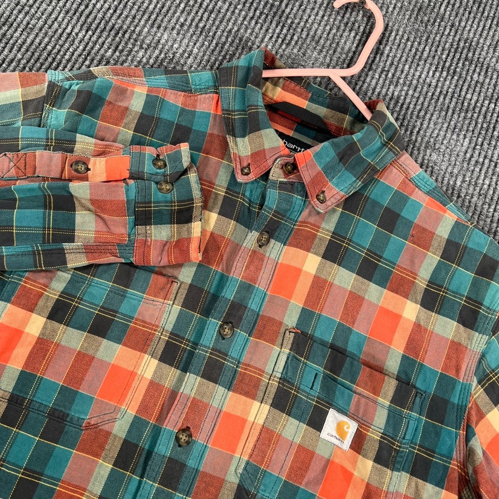 Carhartt Shirt Mens Large Orange Blue Plaid Long Sleeve Button Down Relaxed Fit